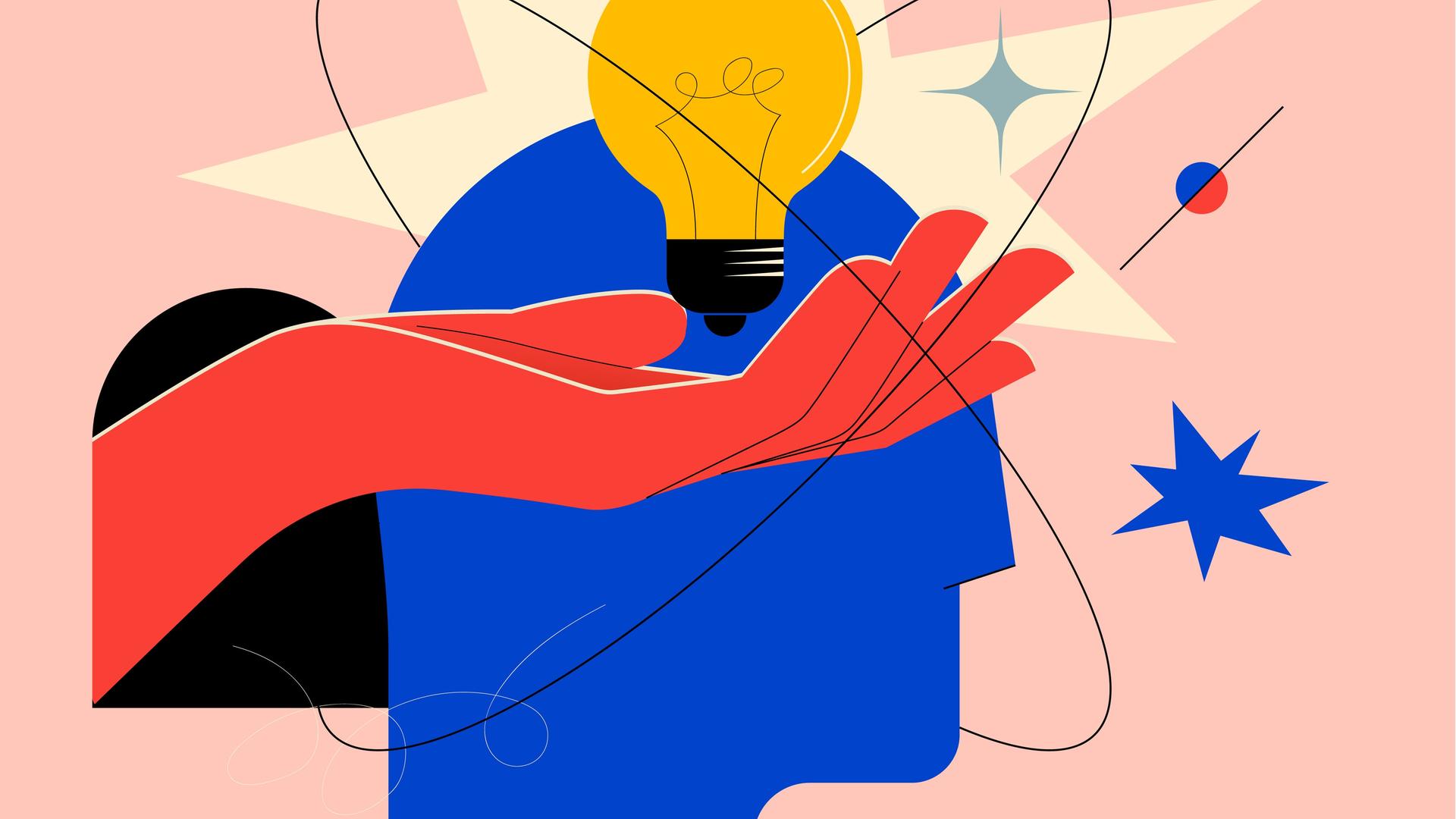 Illustration eines Kopfes um den herum abstrahierte Sterne und Planeten fliegen. Davor eine Hand, die eine Glühbirne hält.
