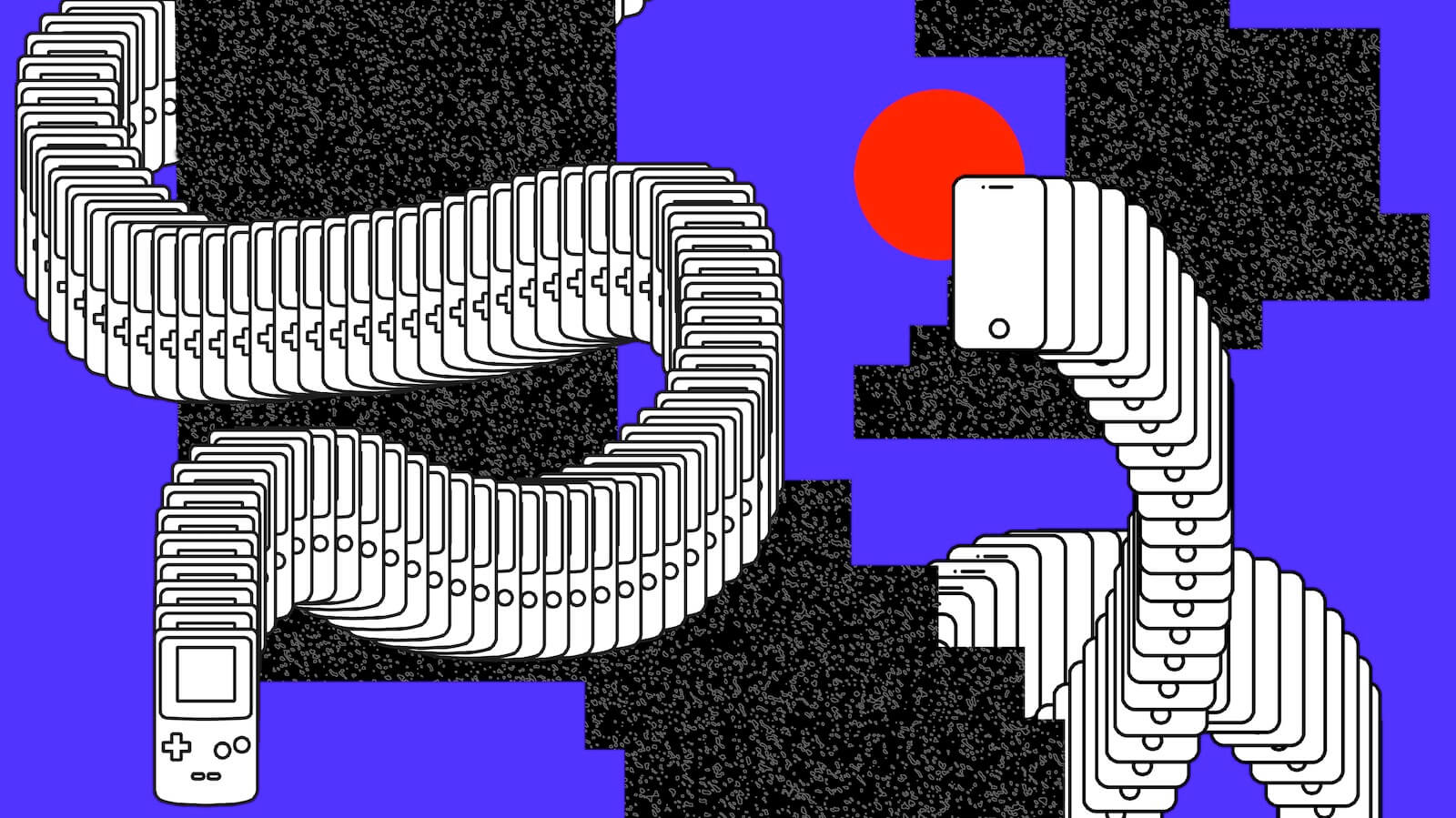 Ansammlung an Grafiken, die nach früher Digitalisierung aussehen. Ein Gameboy und ein iPhone auf lila Hintergrund